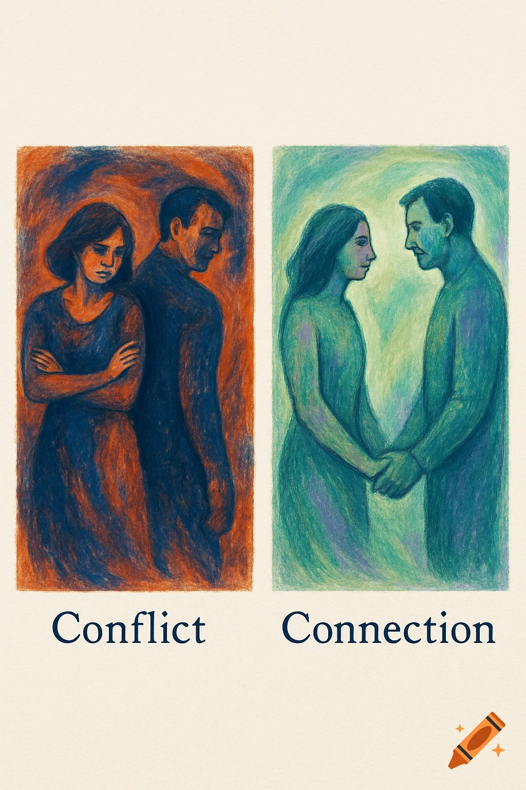 A diptych of two abstract, painterly illustrations. On the left, a man and woman stand apart, representing conflict. On the right, the same couple holds hands, representing connection.