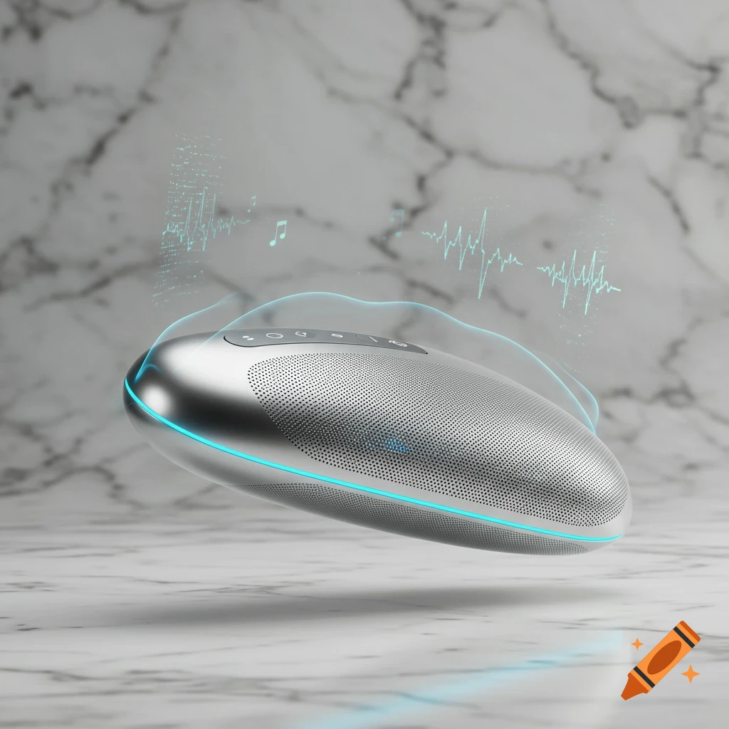 A sleek silver futuristic Bluetooth speaker floats above a marble surface, emanating glowing blue accents and holographic sound waves.