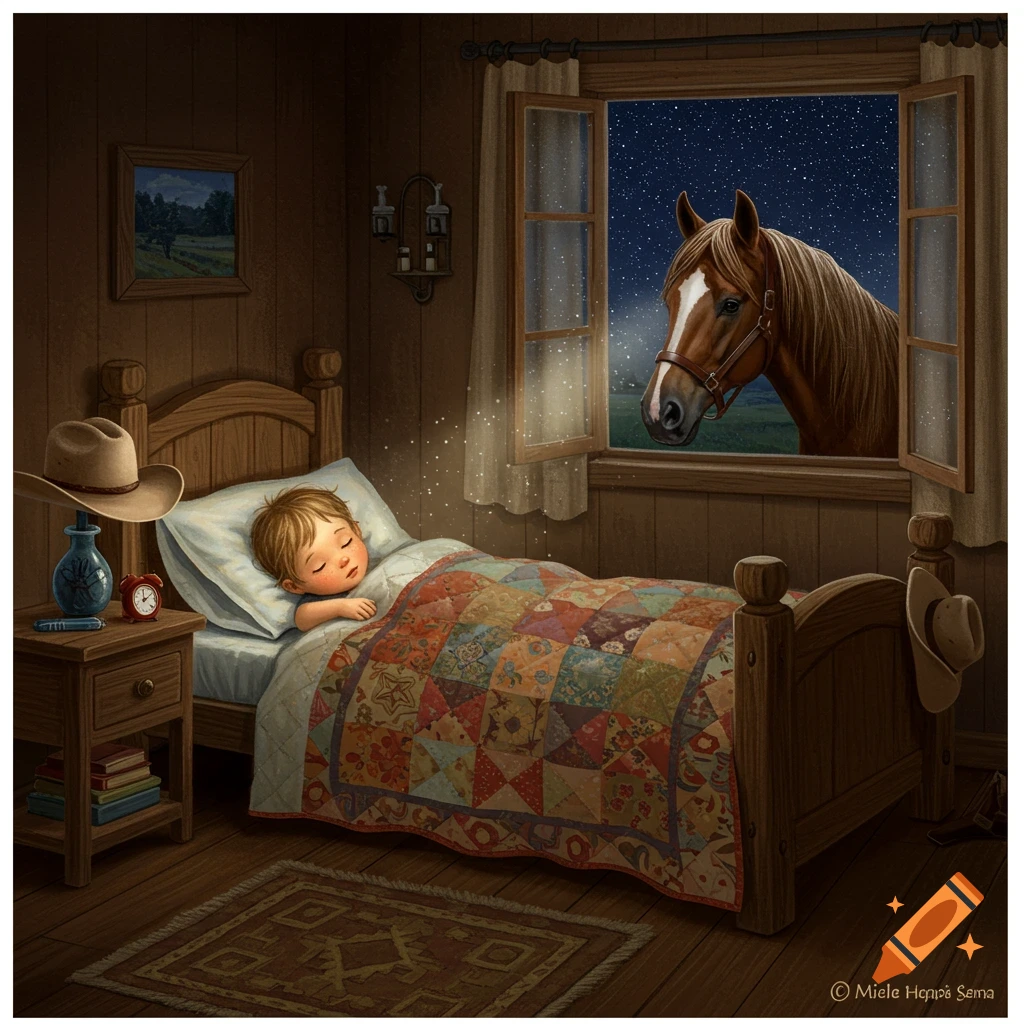 Dreamy illustration of a sleeping child in bed, a cowboy hat nearby, as a horse looks through a window at a starry night.