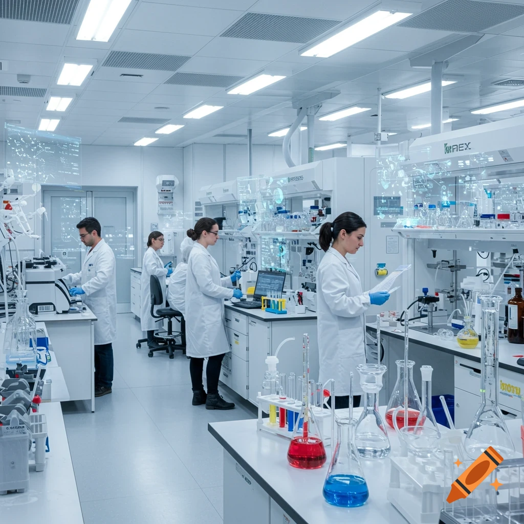 Scientists in lab coats working with equipment and colorful liquids in a modern, brightly lit laboratory.