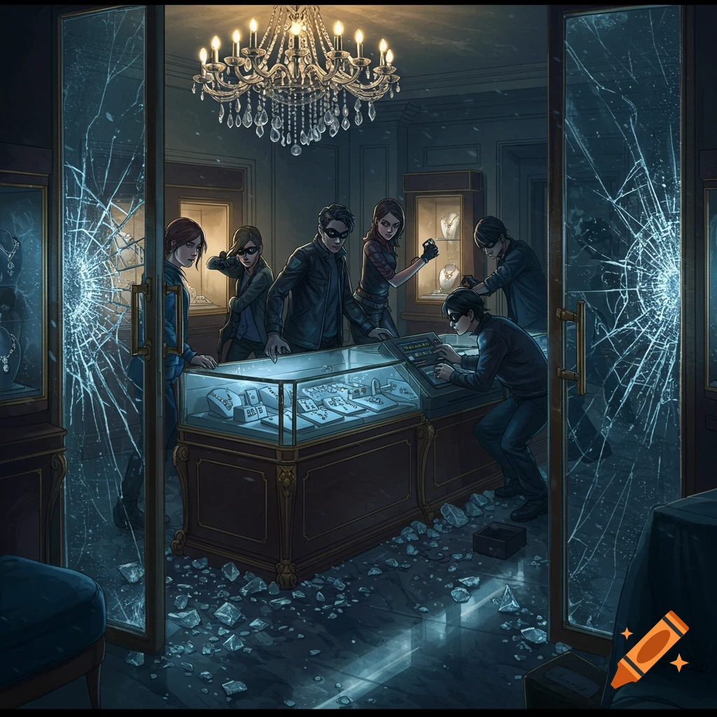 Comic book style illustration of masked robbers in a dark jewelry store with shattered display cases and glass on the floor.
