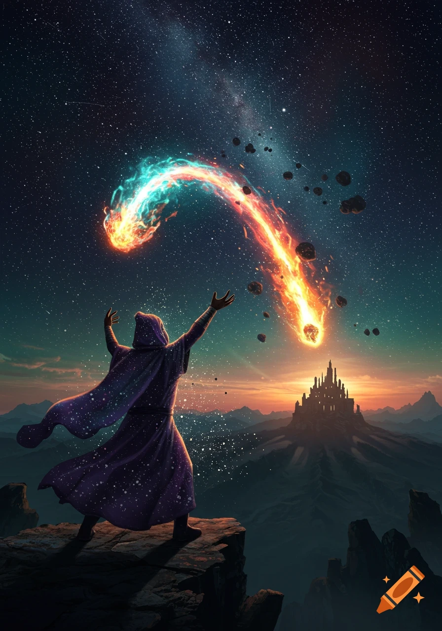 A hooded figure on a cliff casts a vibrant fiery meteor towards a distant castle under a star-filled cosmic sky. Digital art.