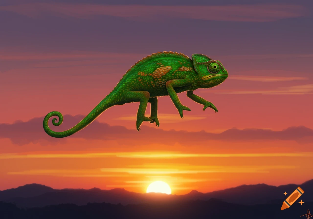A vibrant green chameleon with orange spots floats in mid-air over a fiery orange and purple sunset with distant mountains.