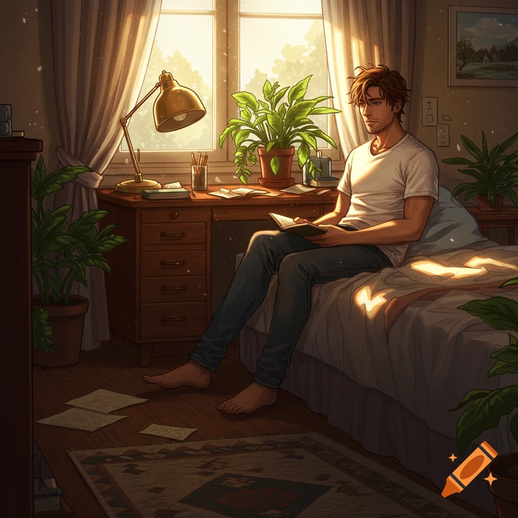 Illustrated man sitting on a bed in a sunlit bedroom, reading a book, surrounded by plants.