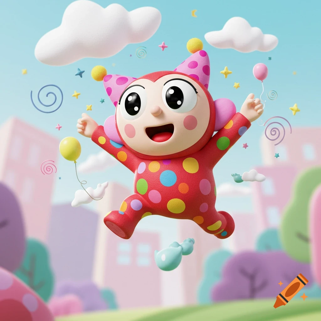 A cheerful 3D cartoon character in a red polka-dotted suit jumps in a whimsical sky with clouds, balloons, and stars.