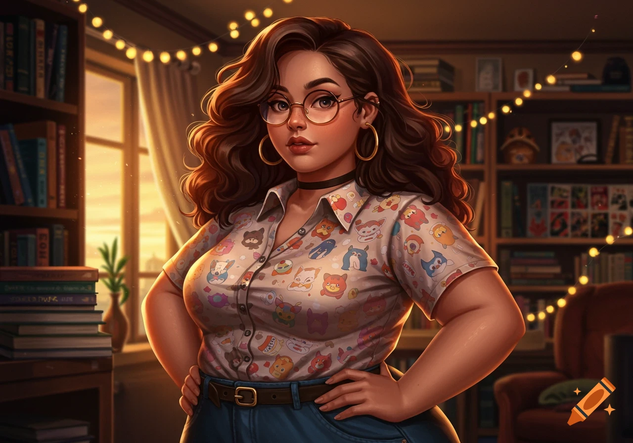 Digital art of a curvy woman with long brown hair, glasses, and a patterned shirt, standing in a cozy library with string lights.