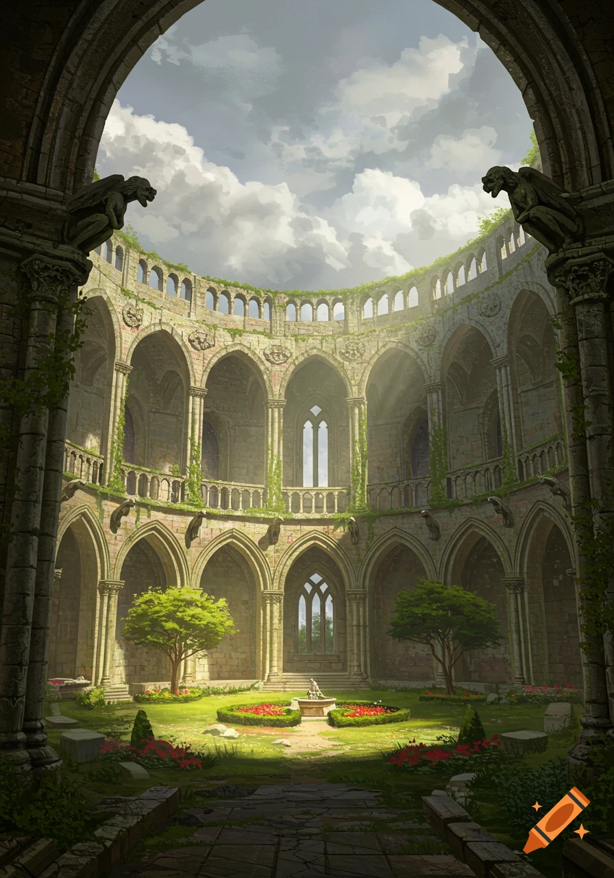 A sunlit, overgrown ruined gothic abbey courtyard with lush gardens, arches, and a small fountain under a cloudy sky.