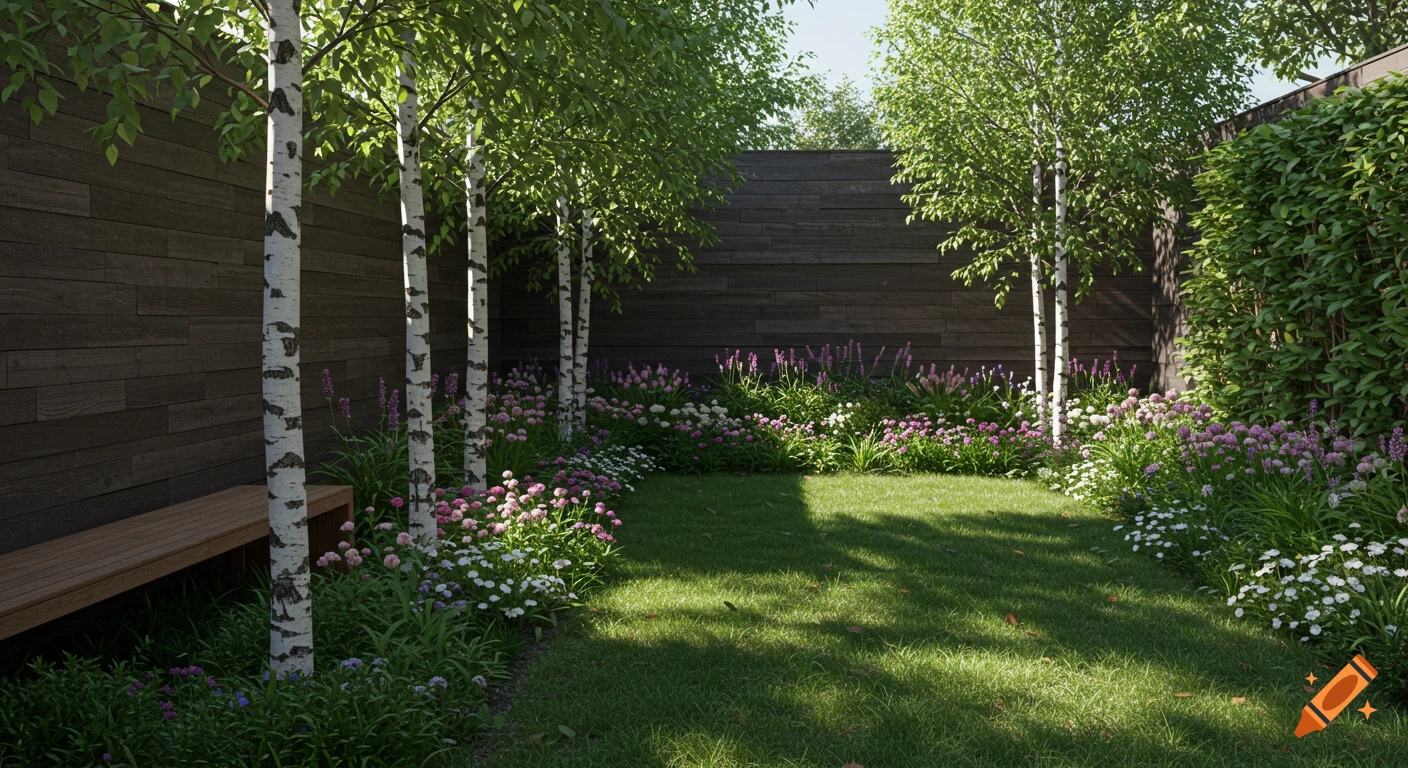 A photorealistic modern garden with white birch trees, a dark wooden fence, colorful flower beds, a green lawn, and a wooden bench.