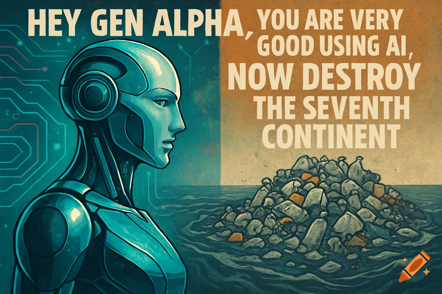 A propaganda-style illustration shows a humanoid robot looking at a floating island of trash, with text 'Hey Gen Alpha...destroy the seventh continent'.