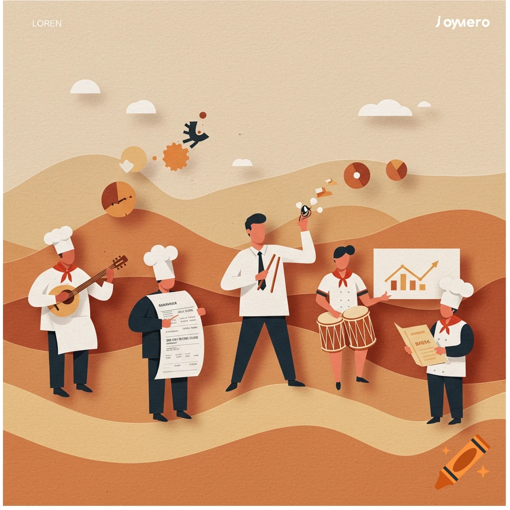 Paper cut-out illustration of business people and chefs, some playing instruments, others interacting with ledgers and charts, on a layered beige and terracotta background.