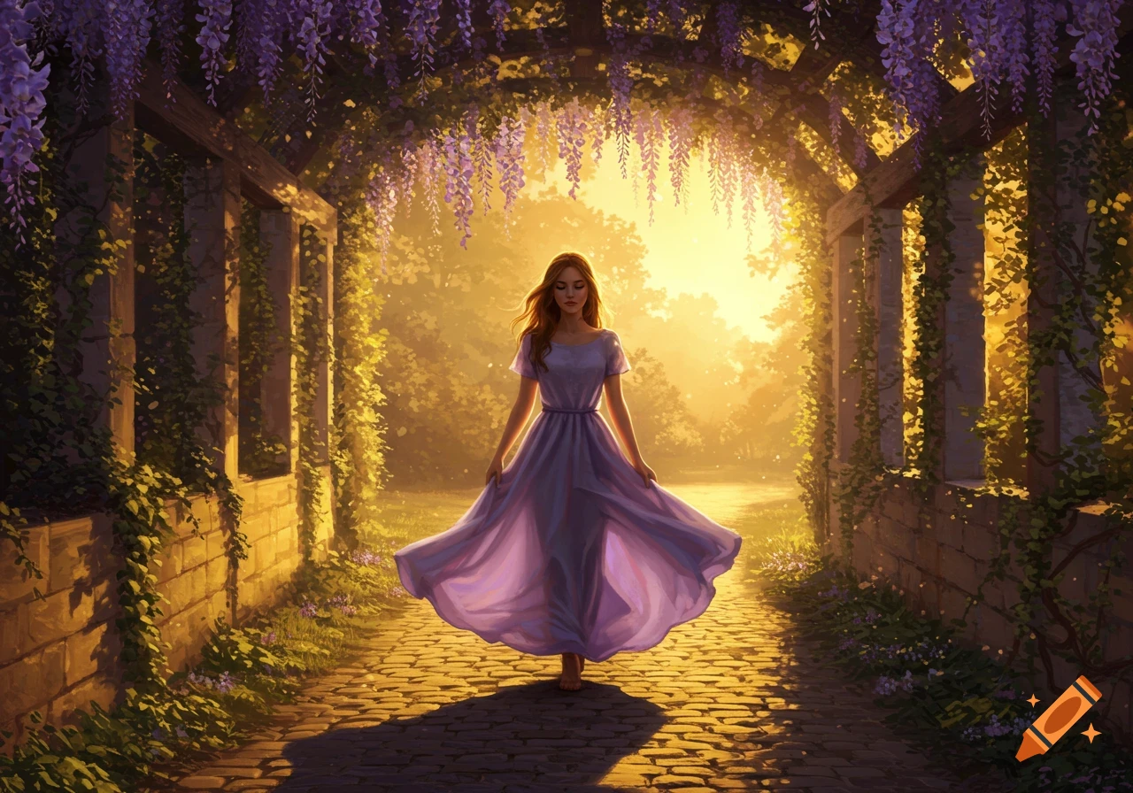 Digital painting of a woman in a flowing purple dress walking on a cobbled path under a sunlit wisteria arbor.