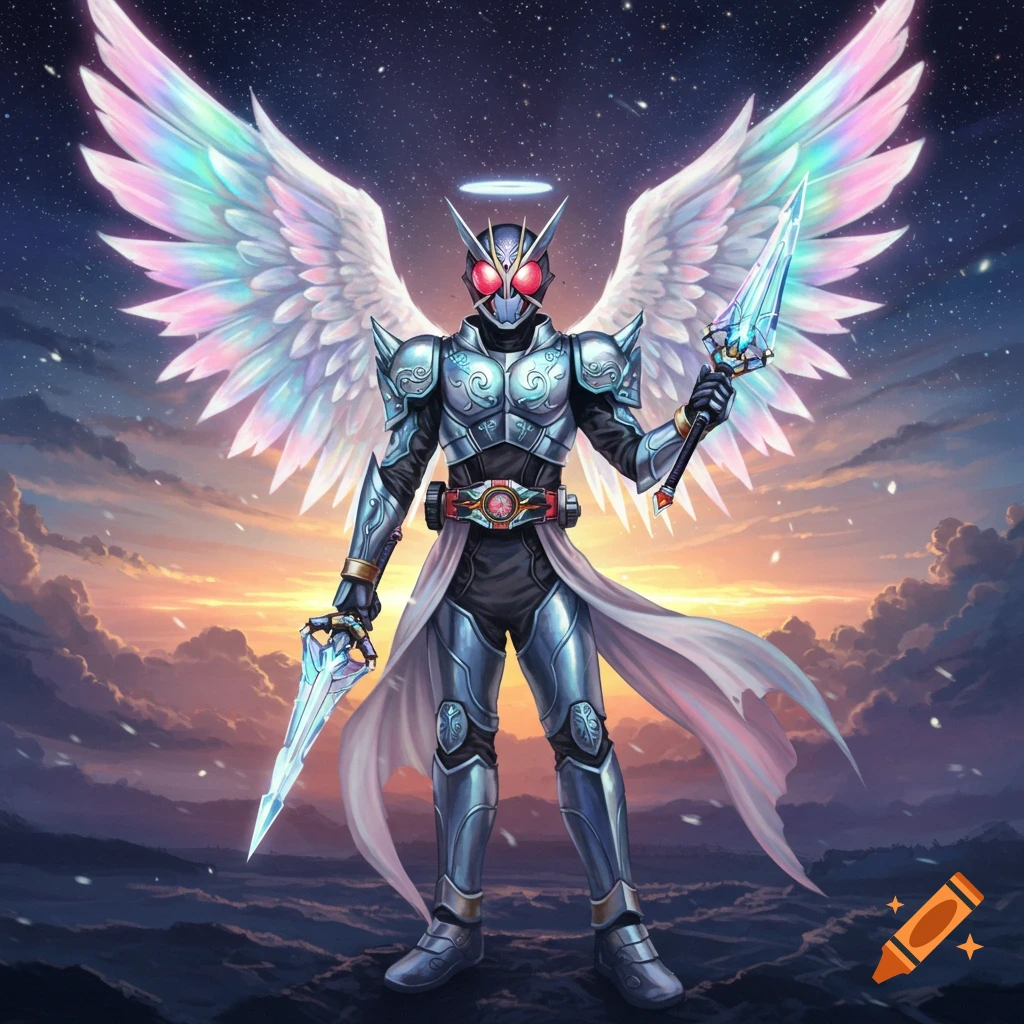 A winged warrior in iridescent armor, with glowing red eyes and a halo, holding two illuminated swords against a starry sunset sky.