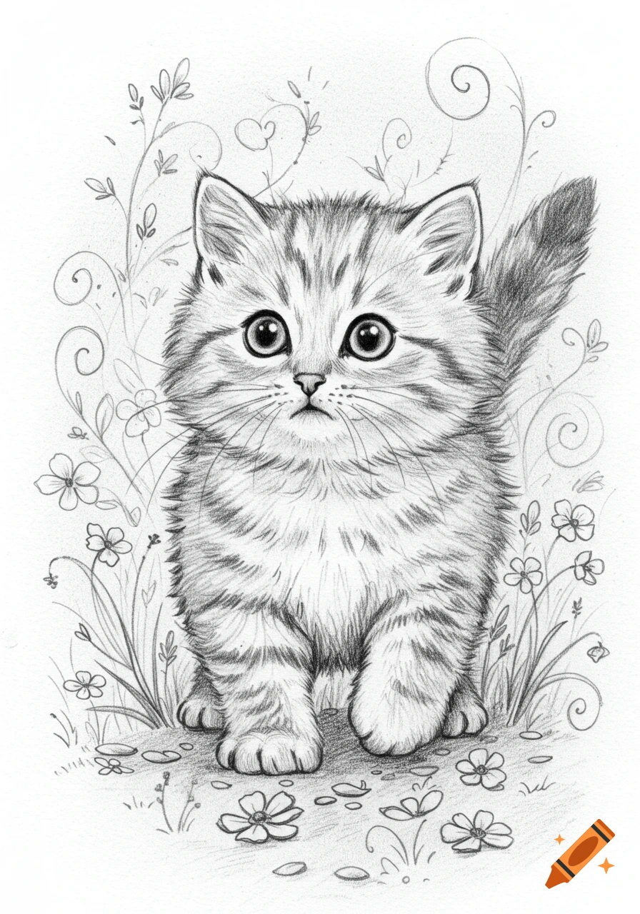 Pencil sketch drawing of a fluffy kitten sitting among flowers and foliage.