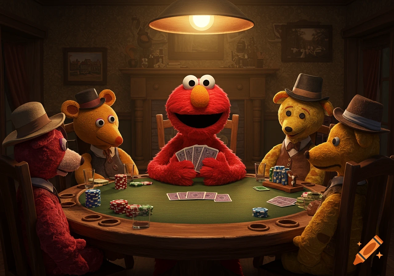 Elmo and four teddy bear-like characters wearing hats play poker around a green table in a dimly lit, cozy room.