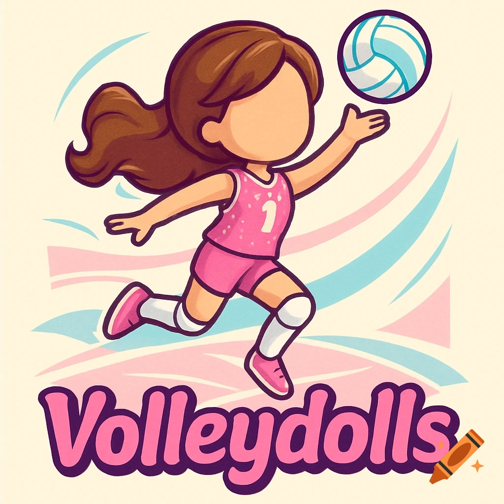 Cartoon logo of a faceless brown-haired girl in a pink uniform hitting a volleyball, with 'Volleydolls' text.