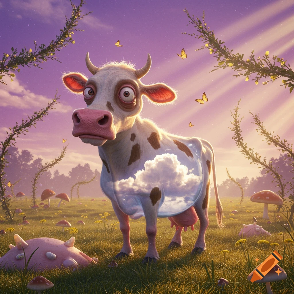 A cartoon cow with wide eyes and a cloud in its transparent stomach stands in a whimsical purple meadow with giant mushrooms and butterflies.