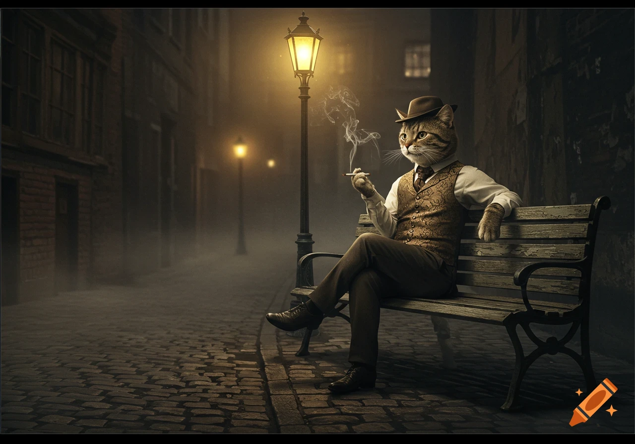 An anthropomorphic cat in a suit and hat sits on a bench on a dark cobblestone street under a gas lamp, smoking a cigarette.
