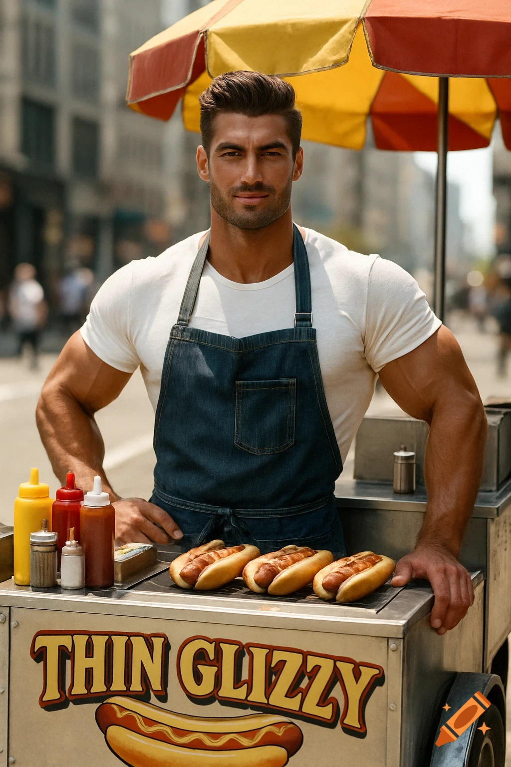 A muscular hot dog vendor with a denim apron stands behind his cart on a city street, with hot dogs and condiments.