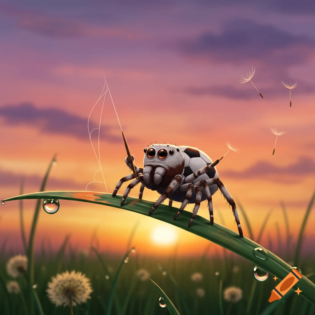 A whimsical, cartoon-style spider with a soccer ball pattern on its back stands on a dewy blade of grass against a vibrant sunset.