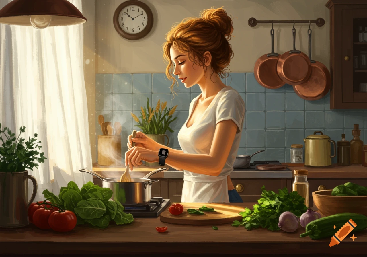 A woman with reddish-brown hair in a bun cooks in a sunlit kitchen, stirring a pot on the stove surrounded by fresh vegetables.