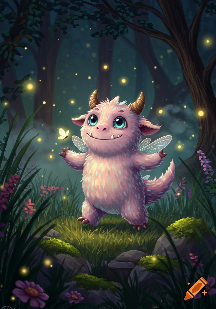 A cute, fluffy pink monster with horns and fairy wings smiles in a magical forest with glowing fireflies and purple flowers. Illustration.