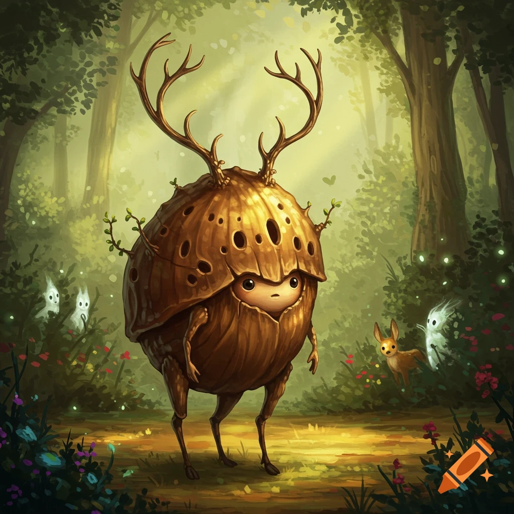 A whimsical forest creature with a nut-shell body and antlers walks among glowing spirits in a mystical forest.