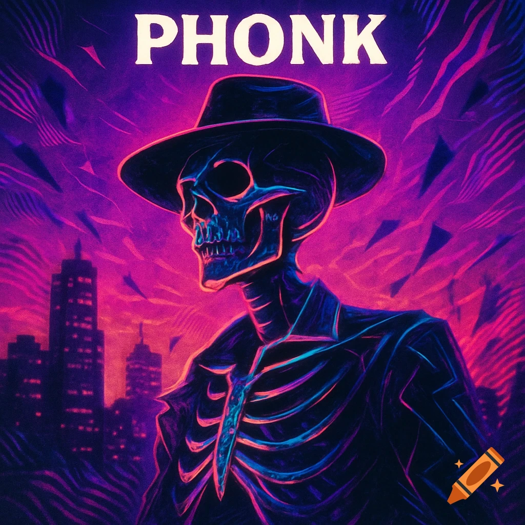A stylized, neon-outlined skeleton in a fedora and coat stands before a purple and blue city skyline. "PHONK" is written at the top.