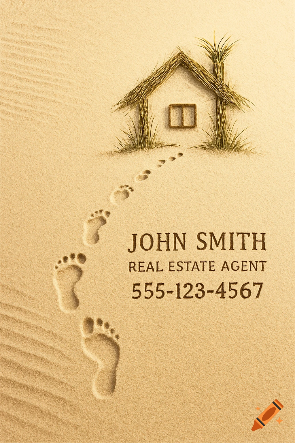 A stylized business card featuring footprints in sand leading to a small house made of straw and grass. Text reads 'JOHN SMITH REAL ESTATE AGENT 555-123-4567'.