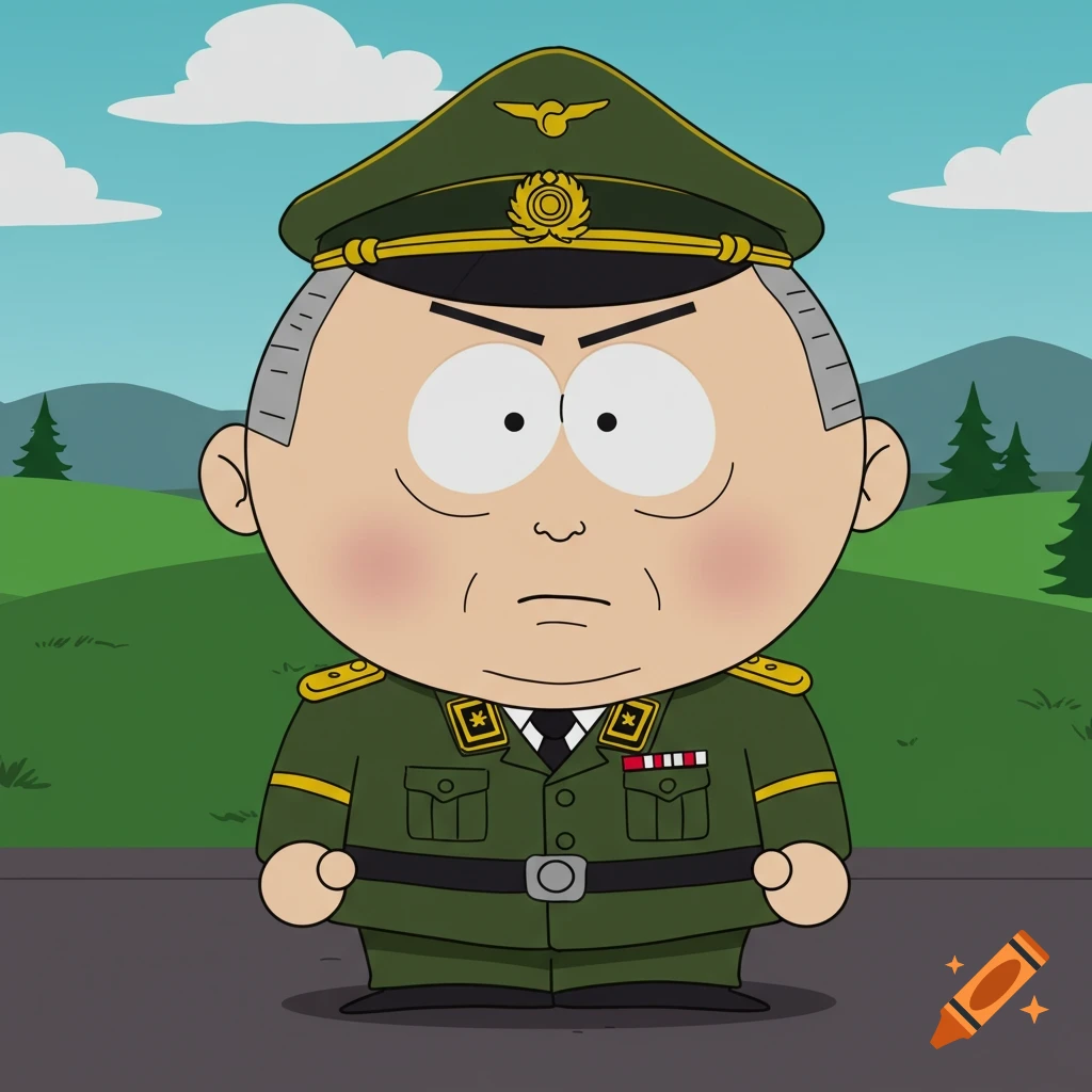An angry South Park-style cartoon German general with a round head, grey hair, and green uniform stands outdoors.