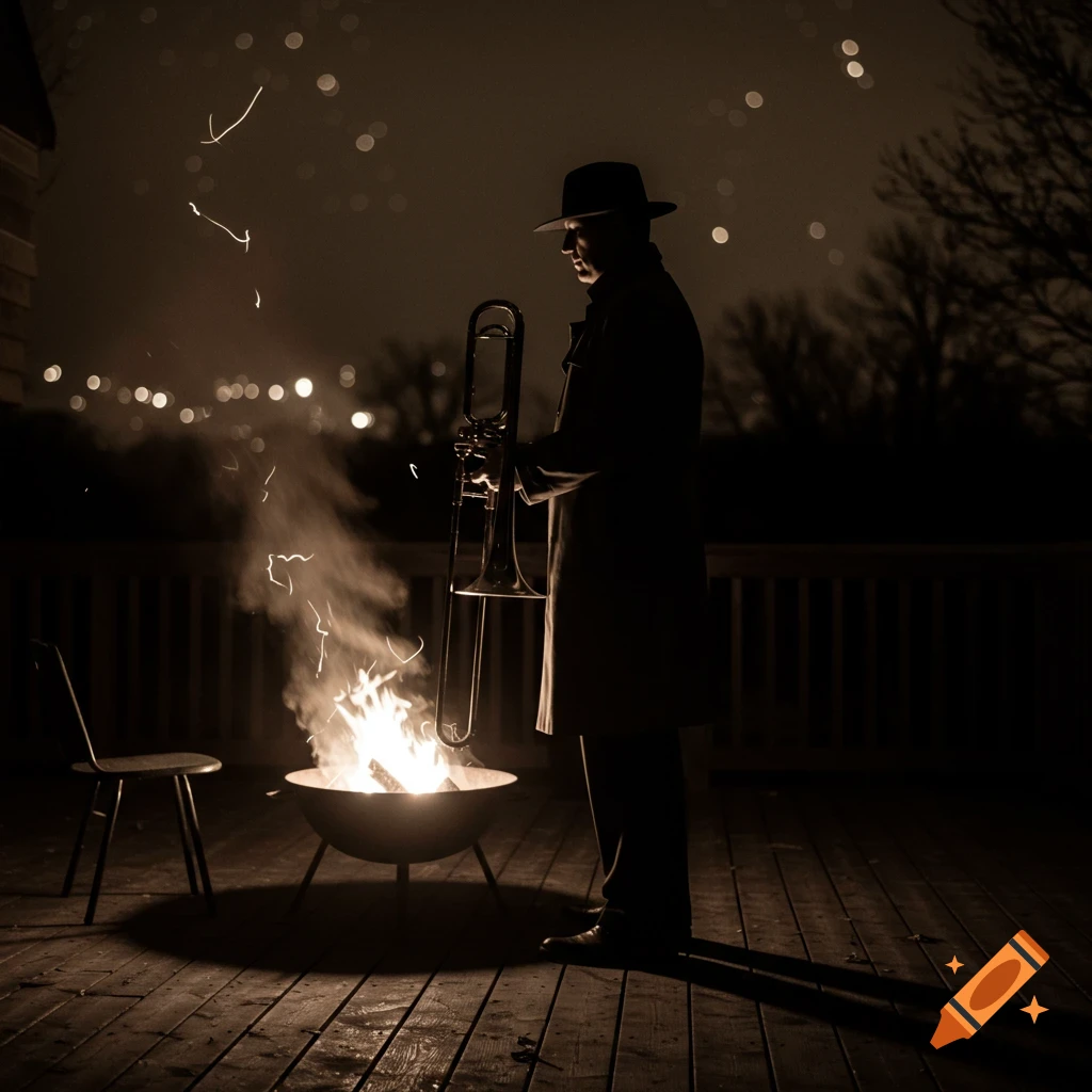 Shadowy figure in a hat and coat holding a trombone next to a glowing fire pit on a wooden deck at night, vintage style.