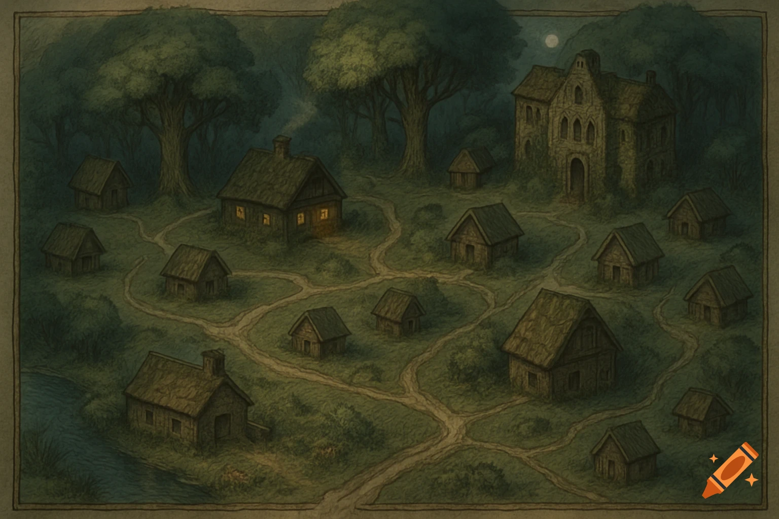 An overhead map illustration of a secluded village at night with a large manor, several houses, and smaller huts connected by winding dirt paths in a forest clearing next to a river under a full moon.