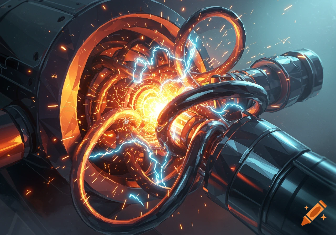 A complex polygonal machine with glowing orange energy, swirling sparks, and bright blue electrical discharges.
