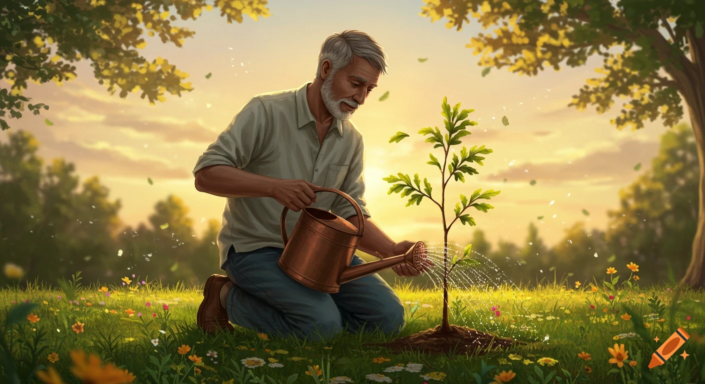 An older man with a gray beard kneels in a sunny meadow at sunset, watering a newly planted small tree with a copper watering can.