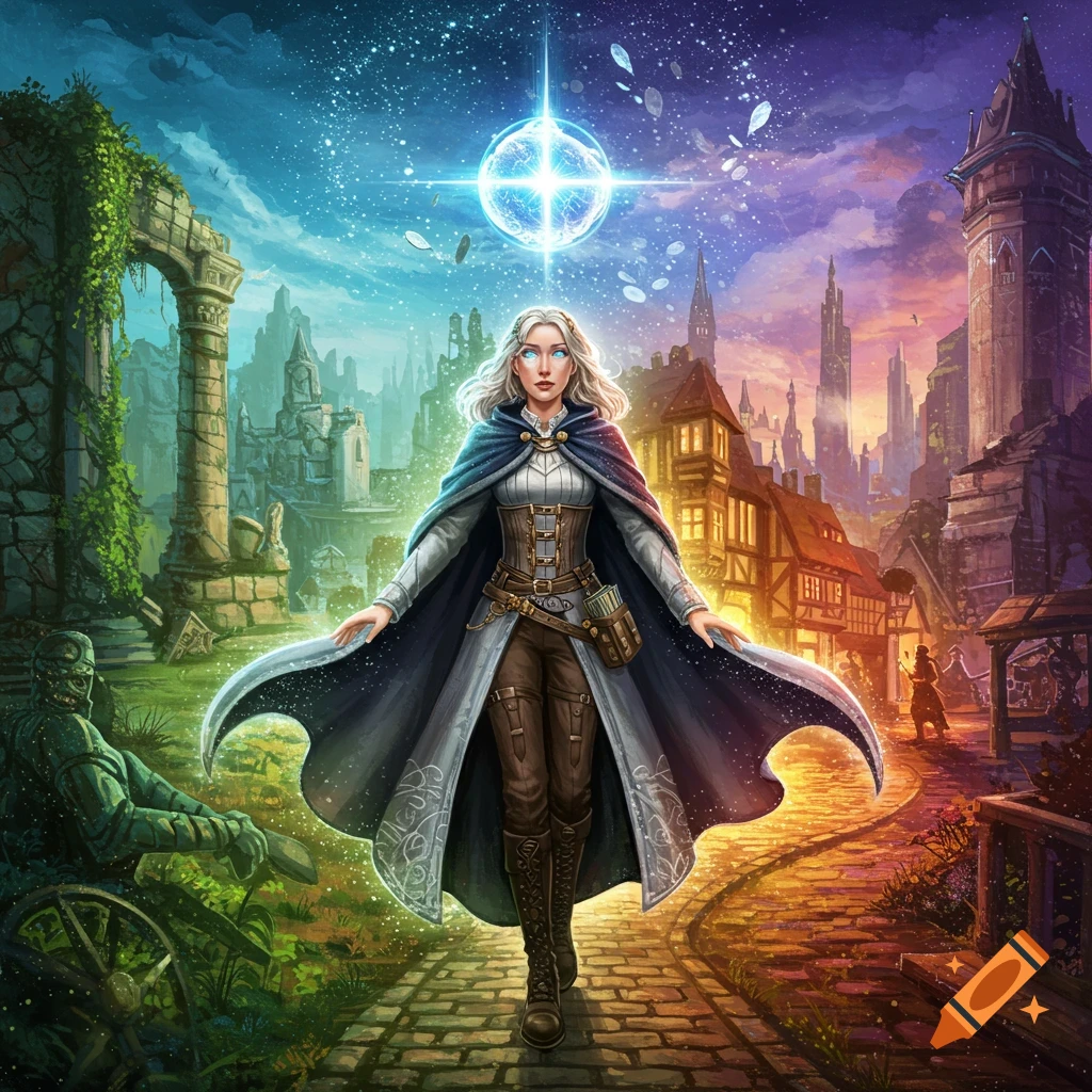 A white-haired woman in a cape walks through a split fantasy world, with ancient ruins on one side and a medieval town on the other, under a glowing orb.