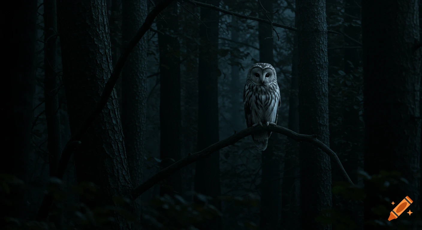 Photorealistic image of a barred owl perched on a branch in a dark, dense forest at night, subtly lit by moonlight.