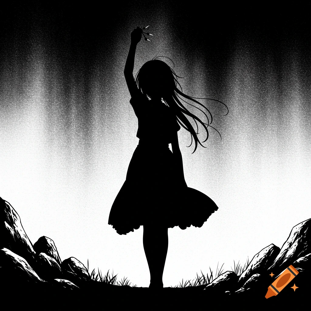 Black and white anime silhouette of a girl on a rocky hill, raising one arm with a small object.
