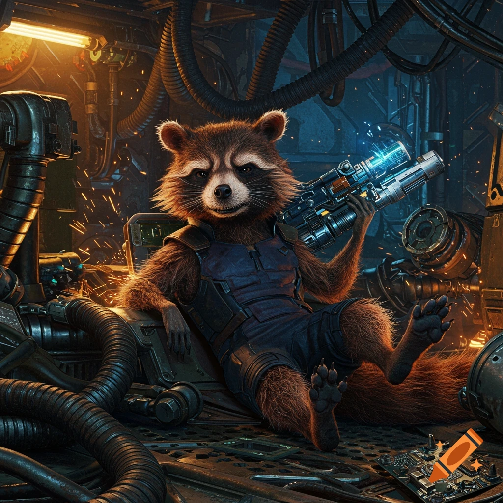 Photorealistic Rocket Raccoon from Guardians of the Galaxy sits in a cluttered industrial setting, holding a futuristic gun, paws propped.