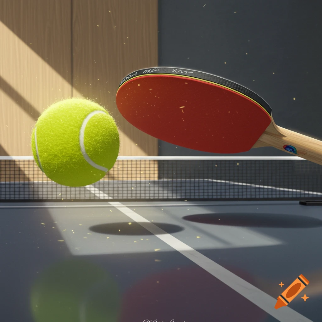 A vibrant green tennis ball hovers near a red table tennis paddle over a court, with sunlight illuminating the scene.