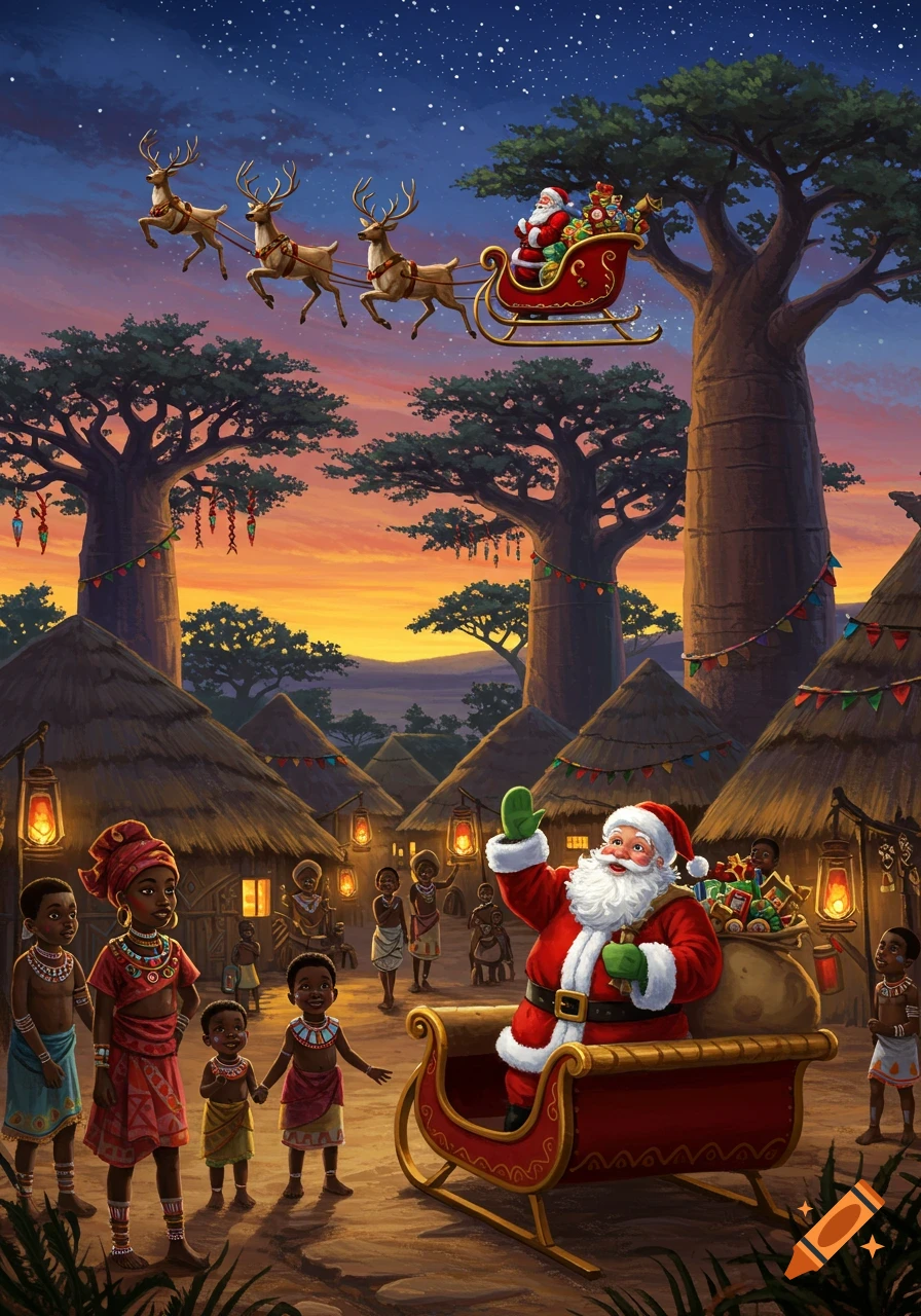 Santa Claus lands his sleigh in a festive African village with baobab trees, greeted by children and adults at sunset, in an illustration style.