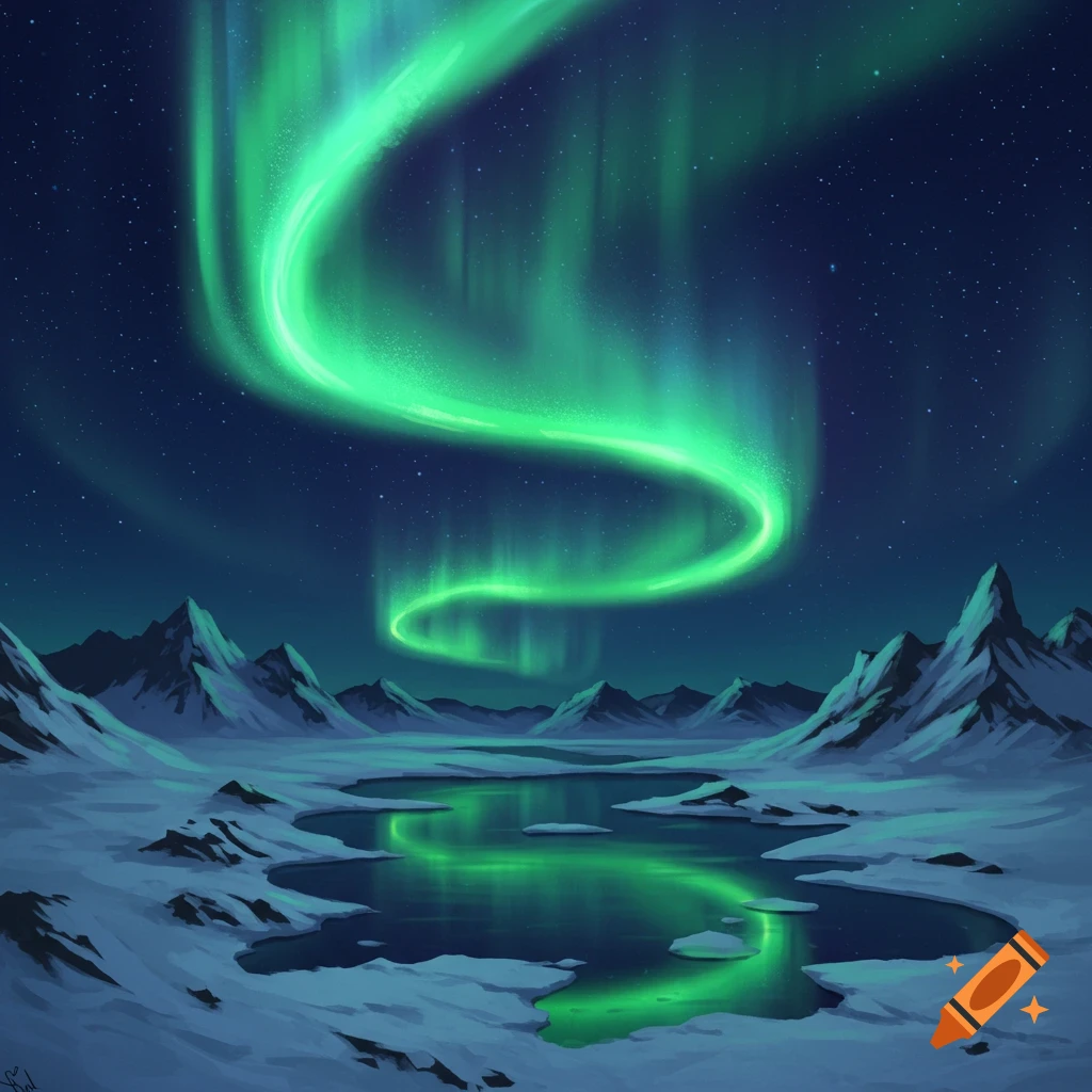 Vibrant green Northern Lights swirl above snow-capped mountains and a reflective frozen lake under a starry night sky.
