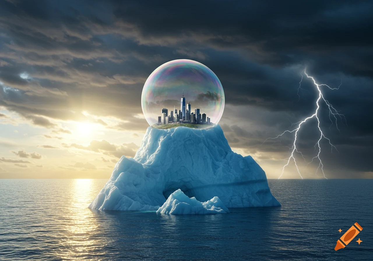 A modern city skyline inside a clear bubble, resting on a large iceberg in a stormy ocean with lightning and sunset.