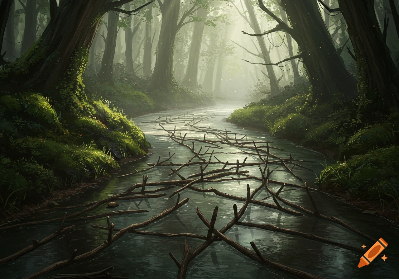 Misty forest river filled with fallen sticks and soft sunlight, digital art.