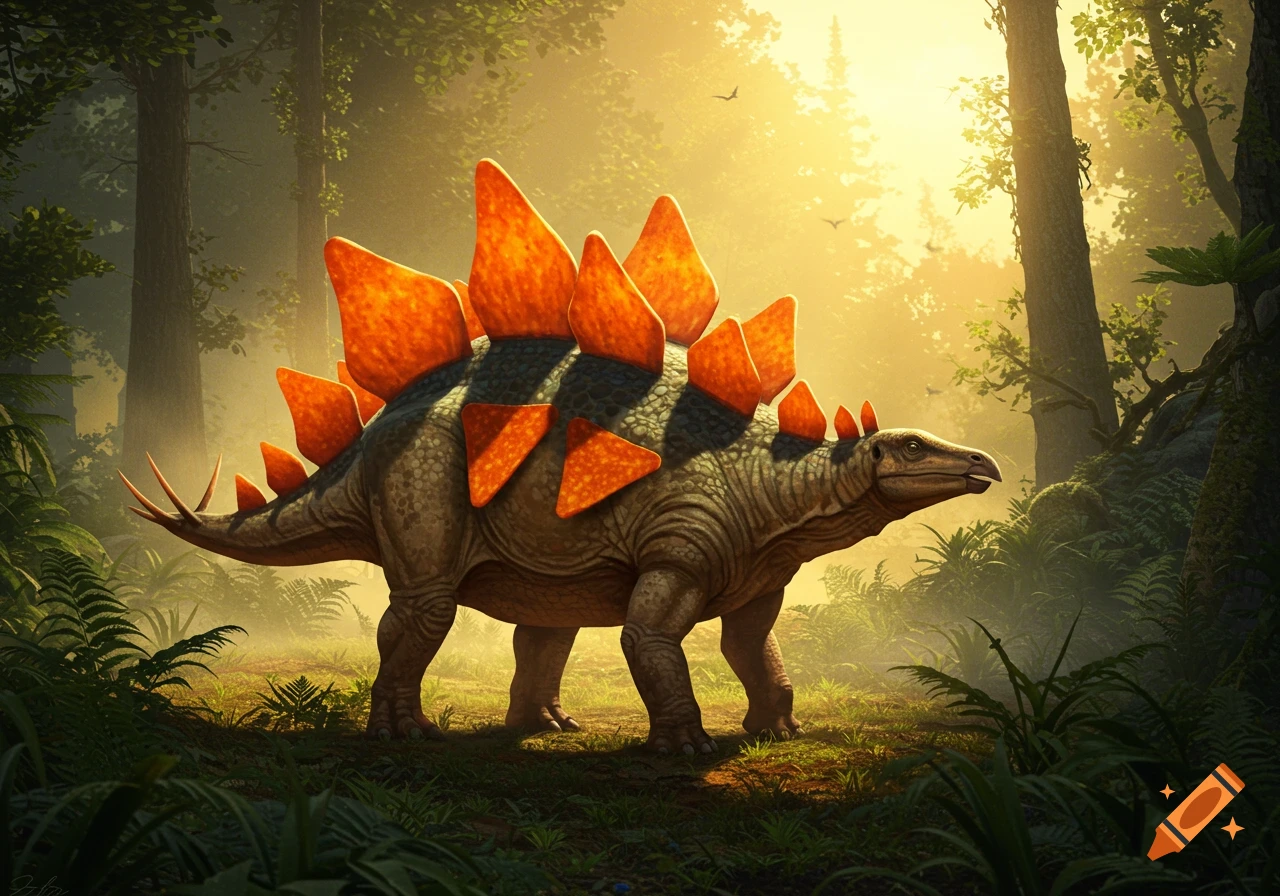 A stegosaurus with bright orange Dorito-shaped spikes walks through a sun-drenched forest.