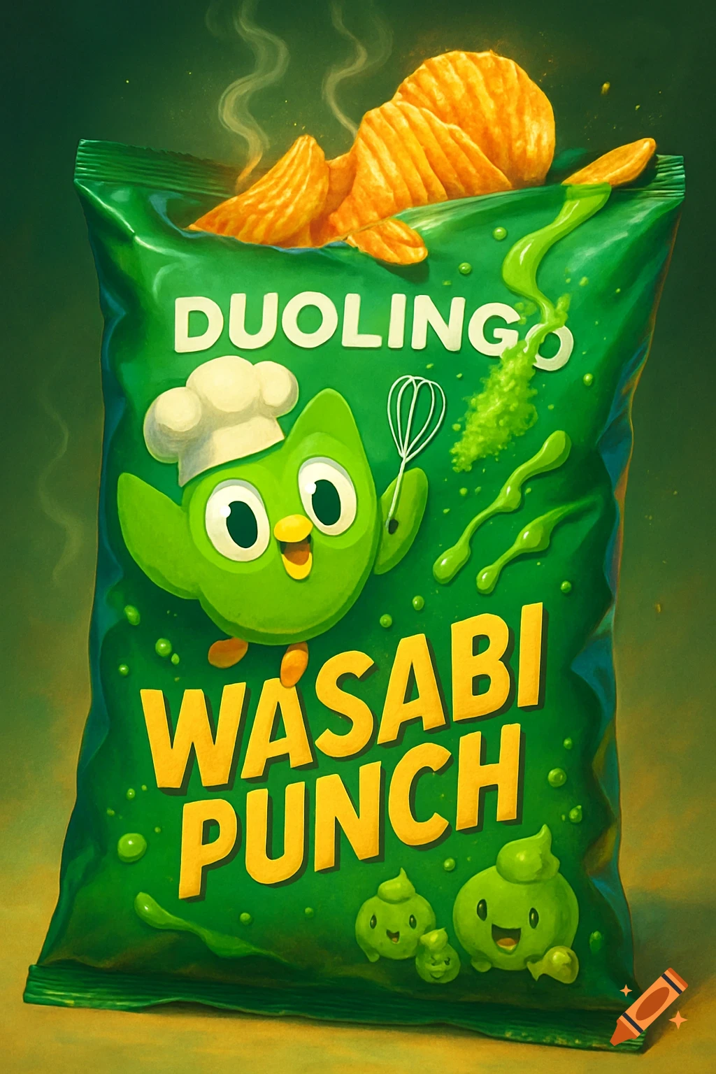 A vibrant green Duolingo 'Wasabi Punch' chip bag, featuring Duo the owl in a chef's hat, full of rippled chips.