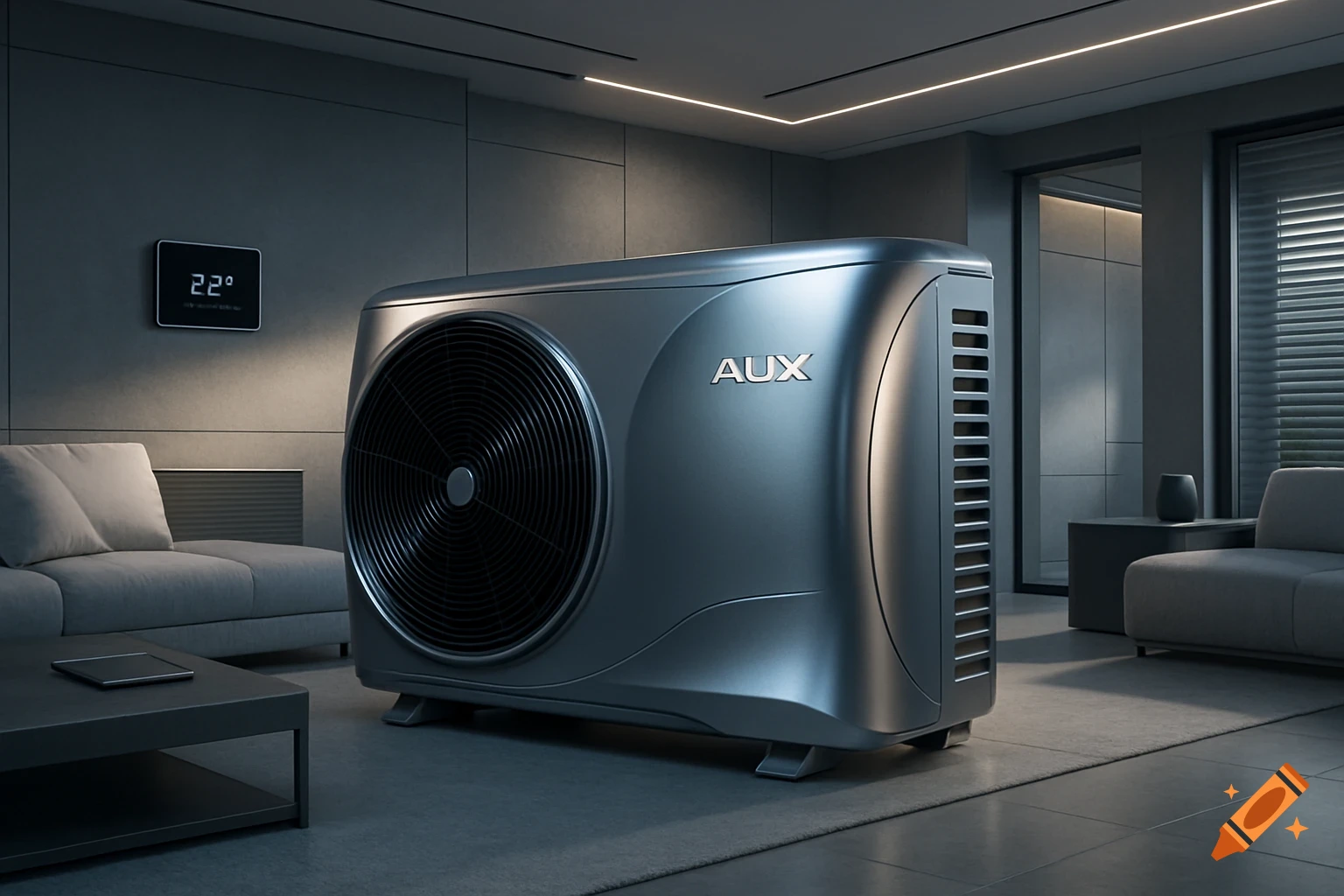 A sleek, silver Aux heat pump with a circular fan in a modern, dimly lit living room with a sofa and coffee table. Photorealistic.