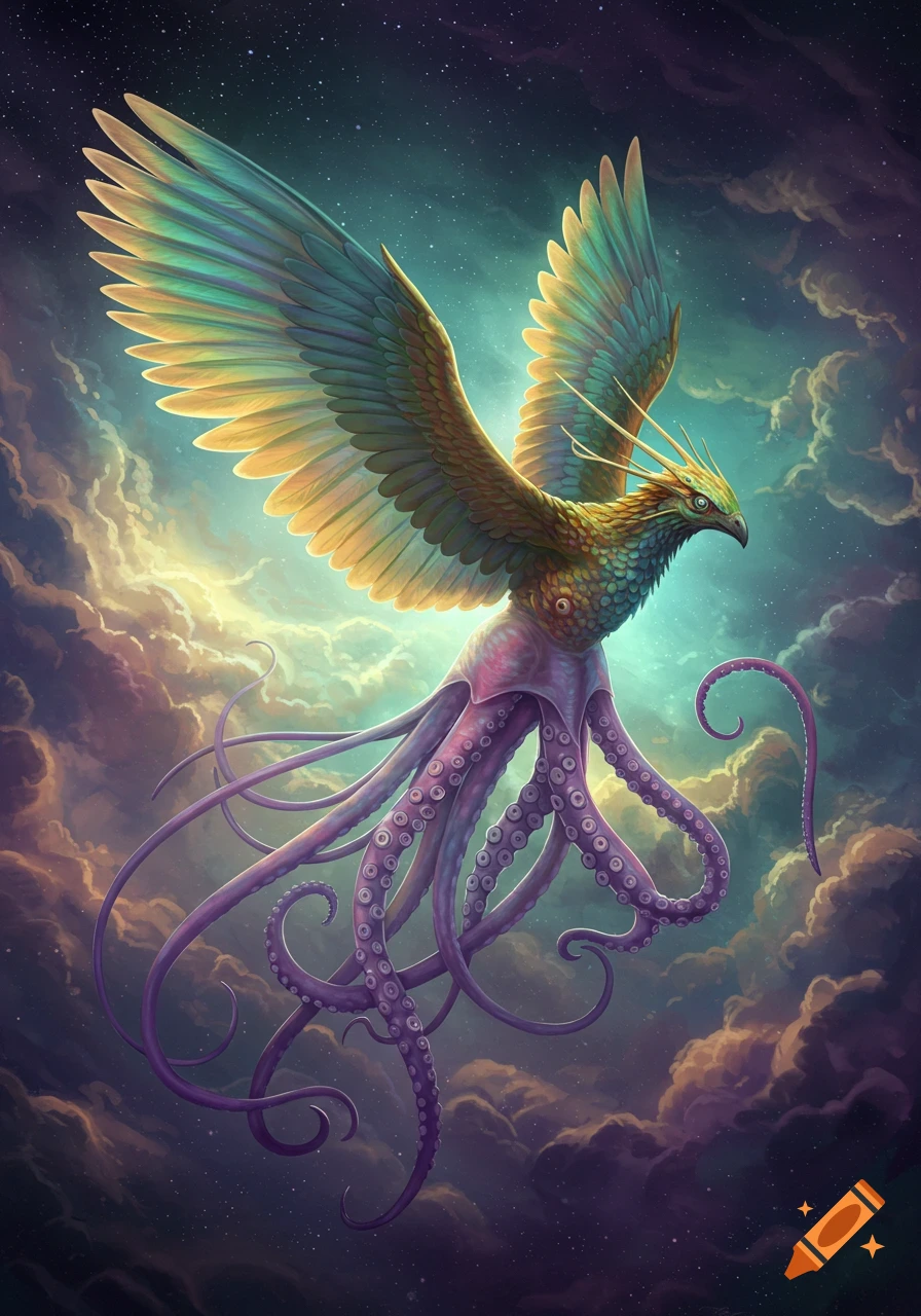 Vibrant, fantastical bird-octopus hybrid creature with large wings and purple tentacles flying through a starry, cloudy sky.