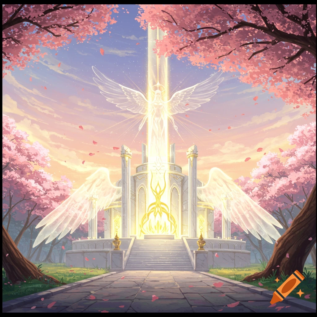 An anime-style image of a grand white shrine with a glowing angelic figure and large wings, surrounded by pink cherry blossom trees at sunset.