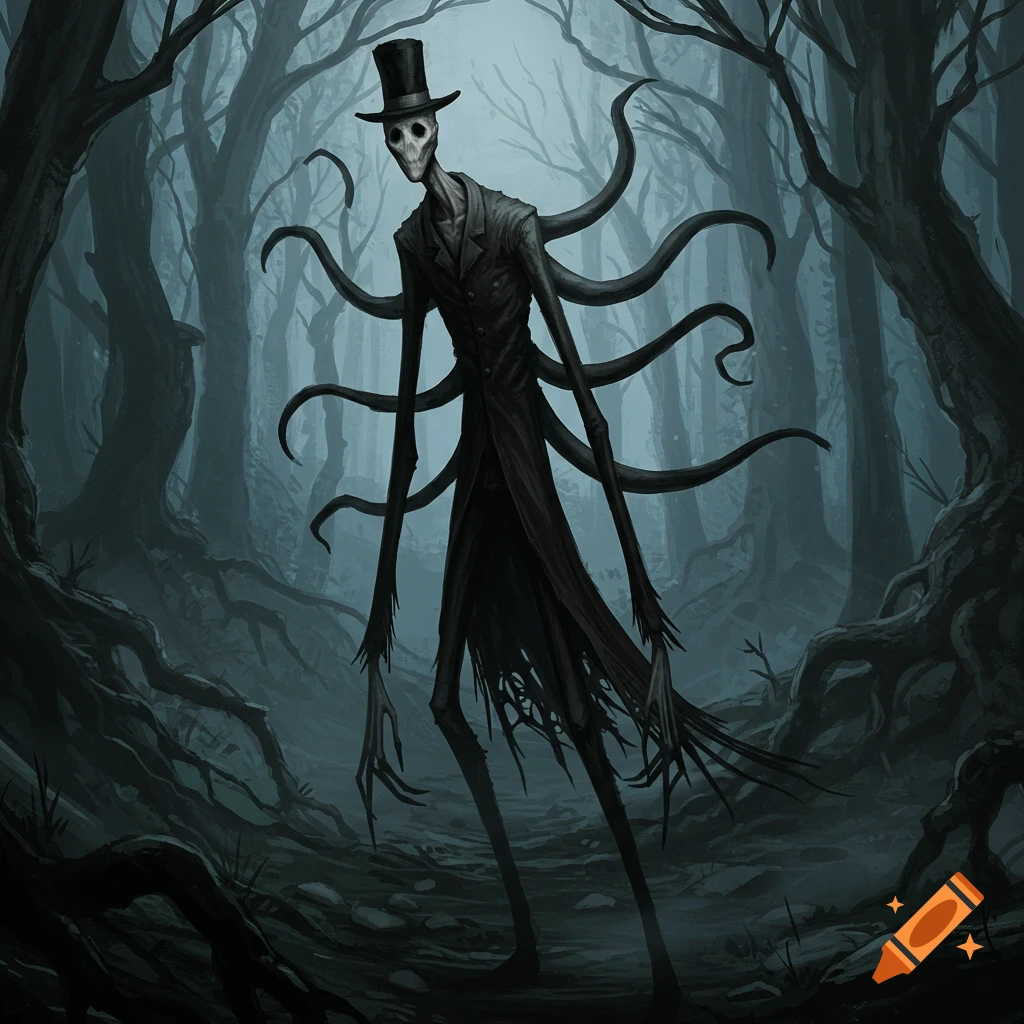 A tall, gaunt Slender Man-like figure in a top hat and tattered coat stands in a dark, shadowy forest.