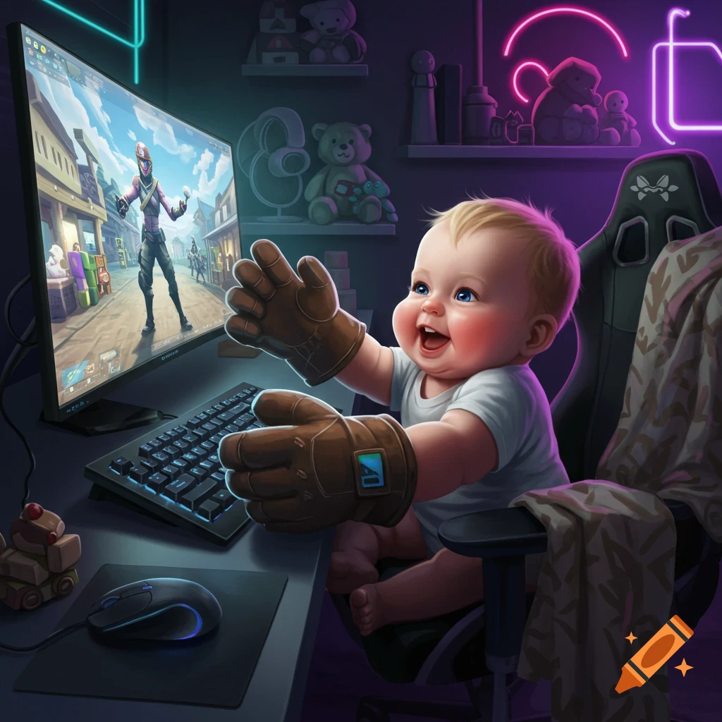 A delighted baby wearing giant brown gaming gloves sits in a gaming chair, looking at a monitor displaying a cartoonish video game.