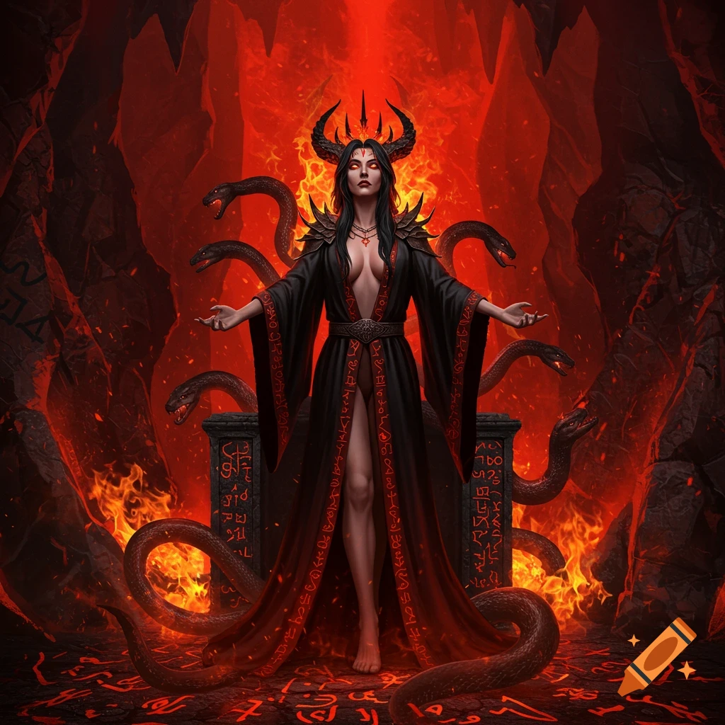 A demonic woman with horns and glowing red eyes stands in a fiery hellish cavern, surrounded by snakes and arcane symbols.
